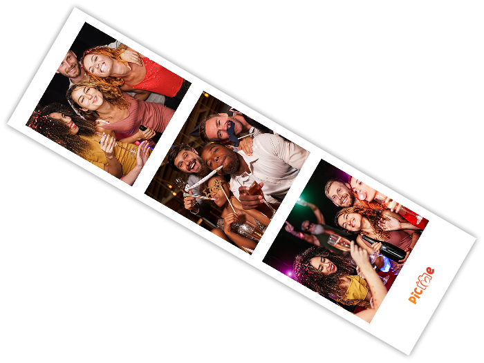 Fotobankstrip met vier verschillende foto's van mensen die feesten en plezier hebben op verschillende locaties.