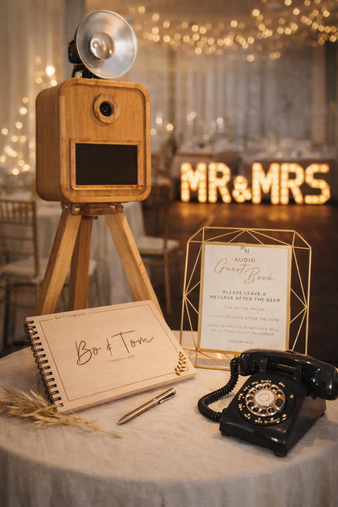 Vintage fotocabine met houten behuizing en flitser op statief, omgeven door guestbook, zwarte draaitelefoon en verlichte decoratie met "Mr&Mrs" tekst.