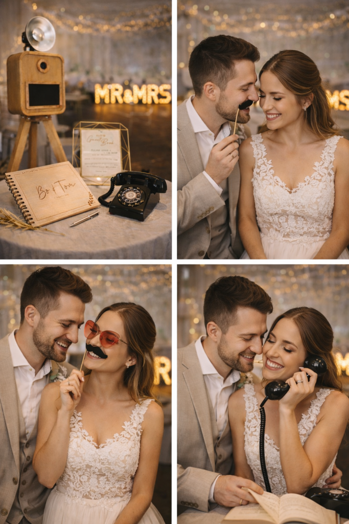 Bruidspaar speelt met vintage fotobooth-accessoires en retro telefoon tijdens hun trouwfeest.