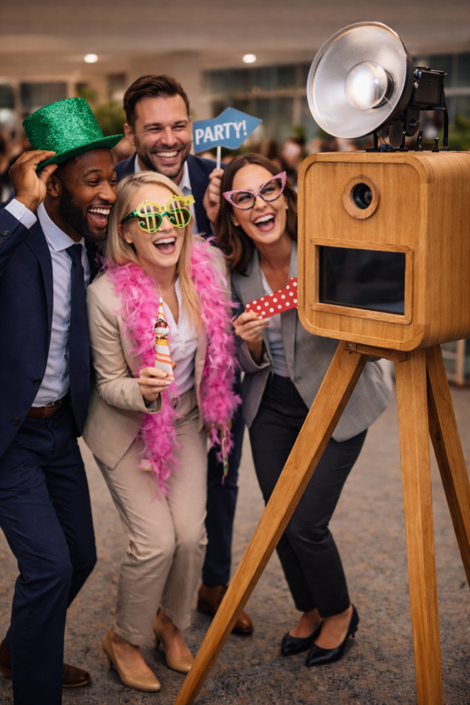 Vier collega's poseren lachend voor een houten fotocabine tijdens een bedrijfsfeest met verkleedaccessoires als groene glitterhoed, roze boa en grappige brillen.