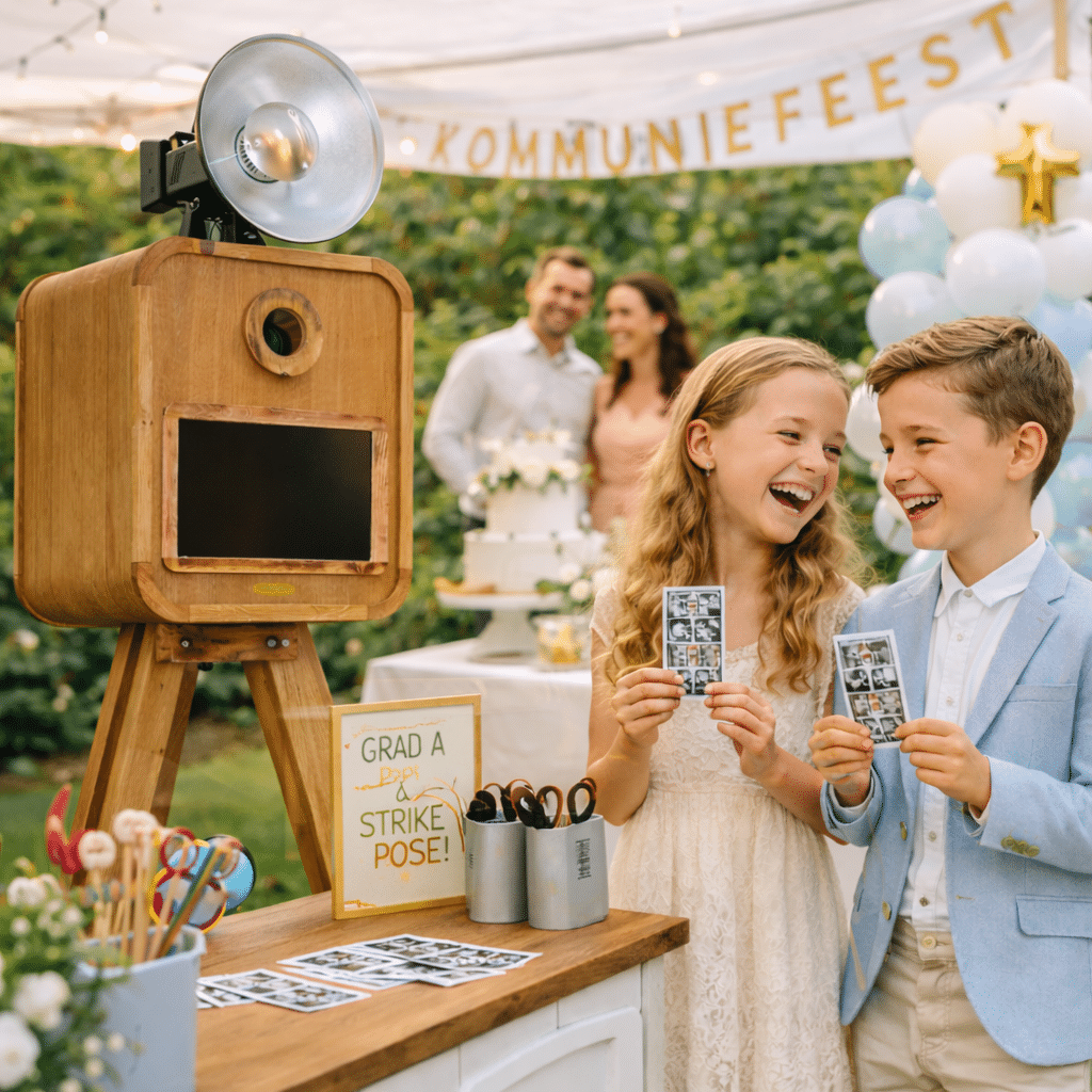 Twee kinderen poseren lachend voor een houten photobooth-camera op een communiefeest, met foto's in hun handen.