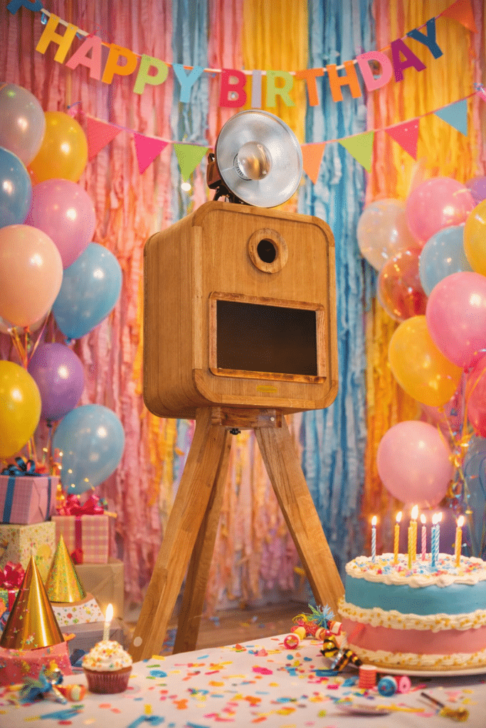 Houten vintage fotocamera op statief tussen ballonnen en verjaardagsdecoraties met taarten, slingers en feestartikelen.