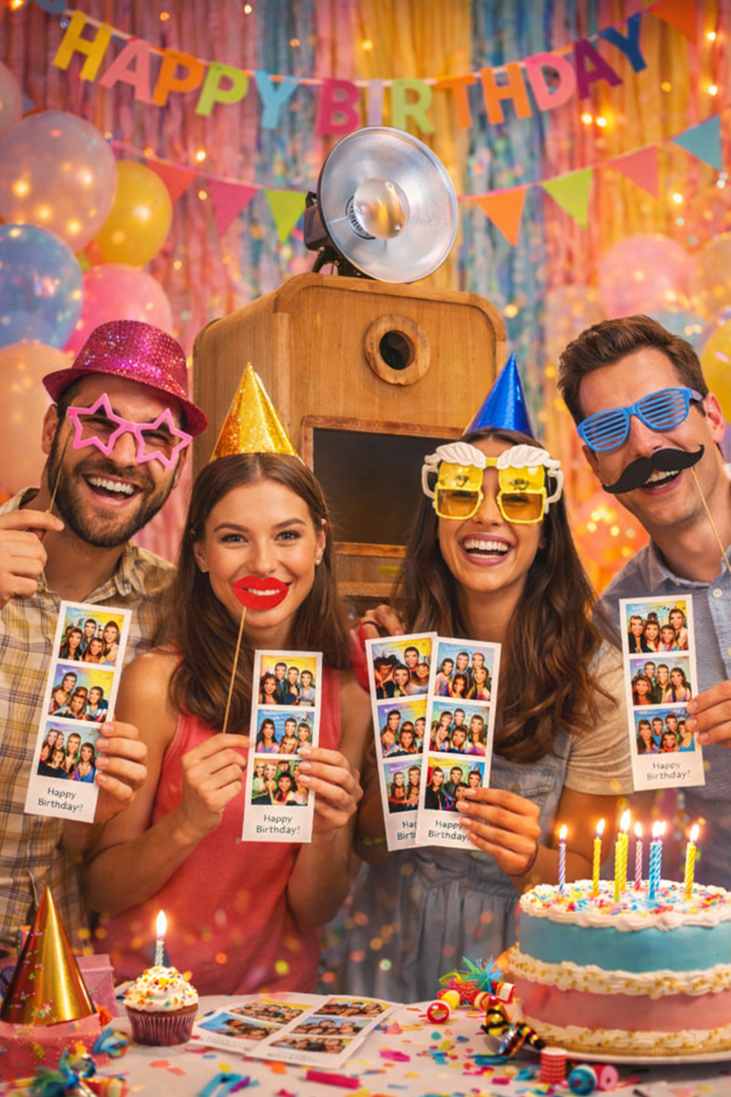 Vier volwassenen vieren een verjaardag met grappige brillen, feesthoedjes en fotostroken terwijl ze voor een houten photobooth staan versierd met slingers en ballonnen.