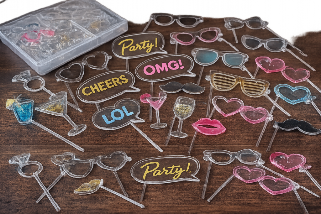 Verzameling feestfoto-attributen op houten tafel: gekleurde brillen, hartjes, lippen, drankglazen en tekstballonnen met "Party", "Cheers", "OMG" en "LOL".