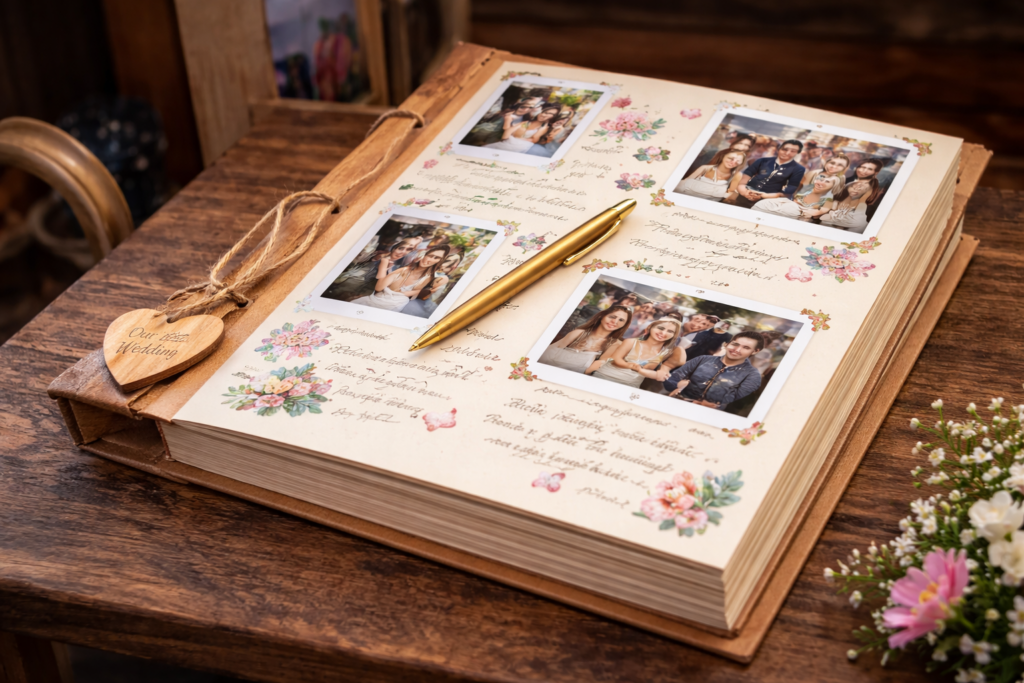Een open gastenboek met familiefoto's, handgeschreven teksten, bloemenversiering en een gouden pen op een houten tafel.