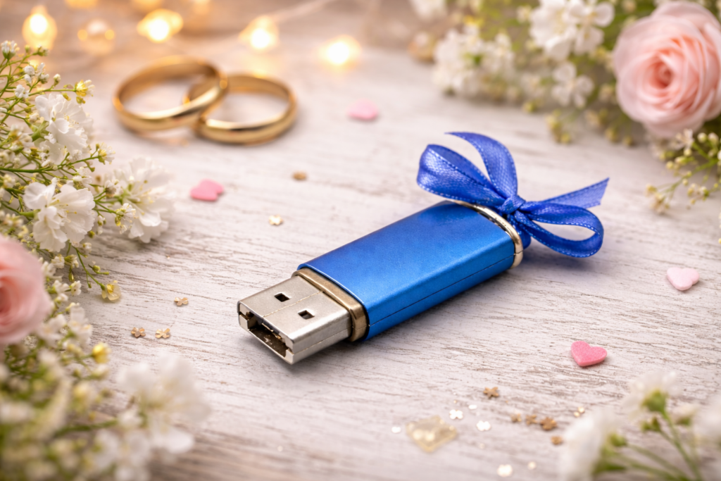 Blauwe USB-stick met lint omgeven door trouwringen, bloemen en hartjes op een houten oppervlak.