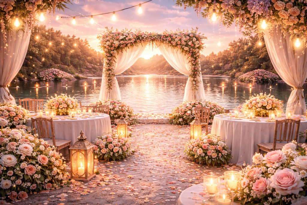 Luxe trouwceremonie aan een meer met bloemenversieringen, verlichte bruidsboog en elegante tafels langs het water.
