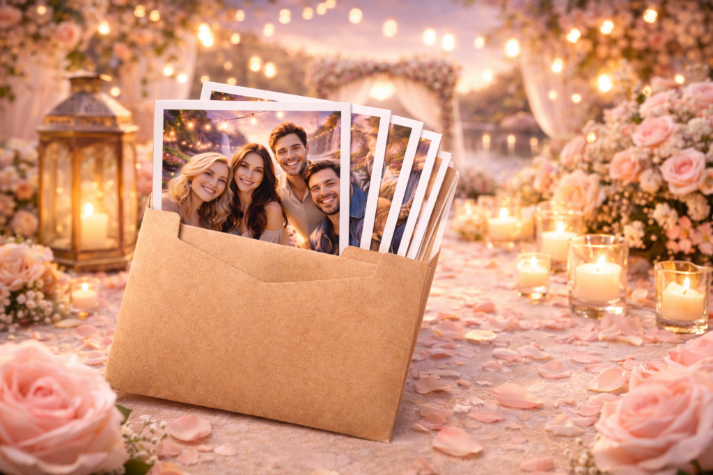 Polaroidfoto's van vier vrienden steken uit een kraft enveloppe in een romantische tuin met roze bloemen, kaarsen en gouden verlichting.
