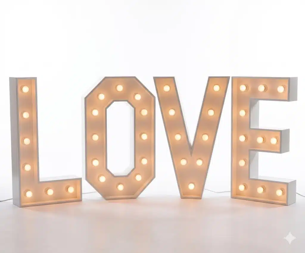 Houten decoratieve lichtletters spellen het woord "LOVE" met verlichte gloeilampen eraan bevestigd.