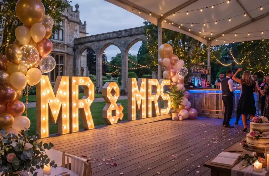Verlichte bruidletters 'MR & MRS' op een versierde buitenfeestlocatie met ballonnen en slingerlichtjes.
