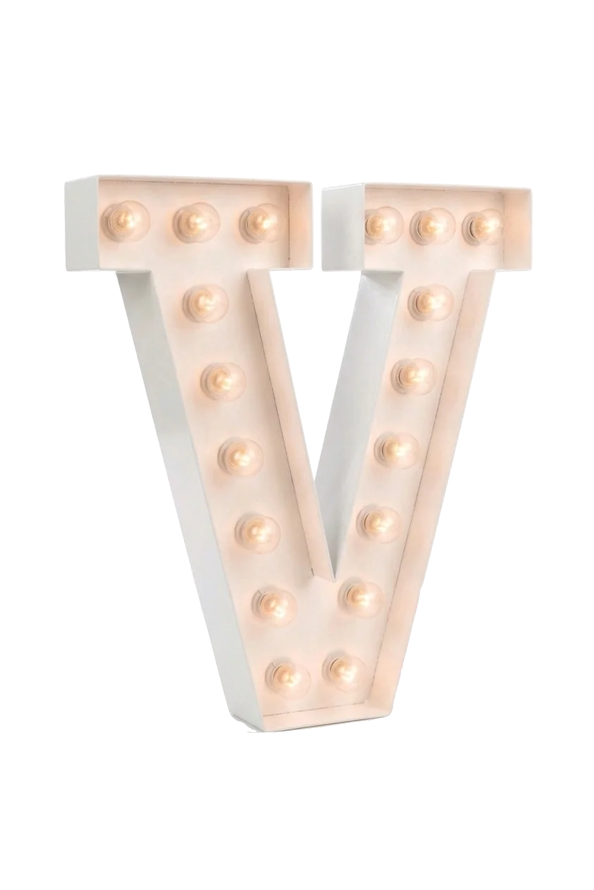 Witte lichtletter V met ingebouwde gloeilampen die warm licht uitstralen.