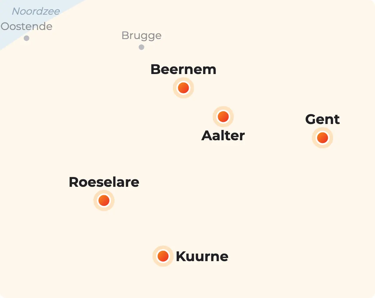 Kaart met de vijf afhaalpunten: Roeselare, Beernem, Kuurne, Aalter en Gent