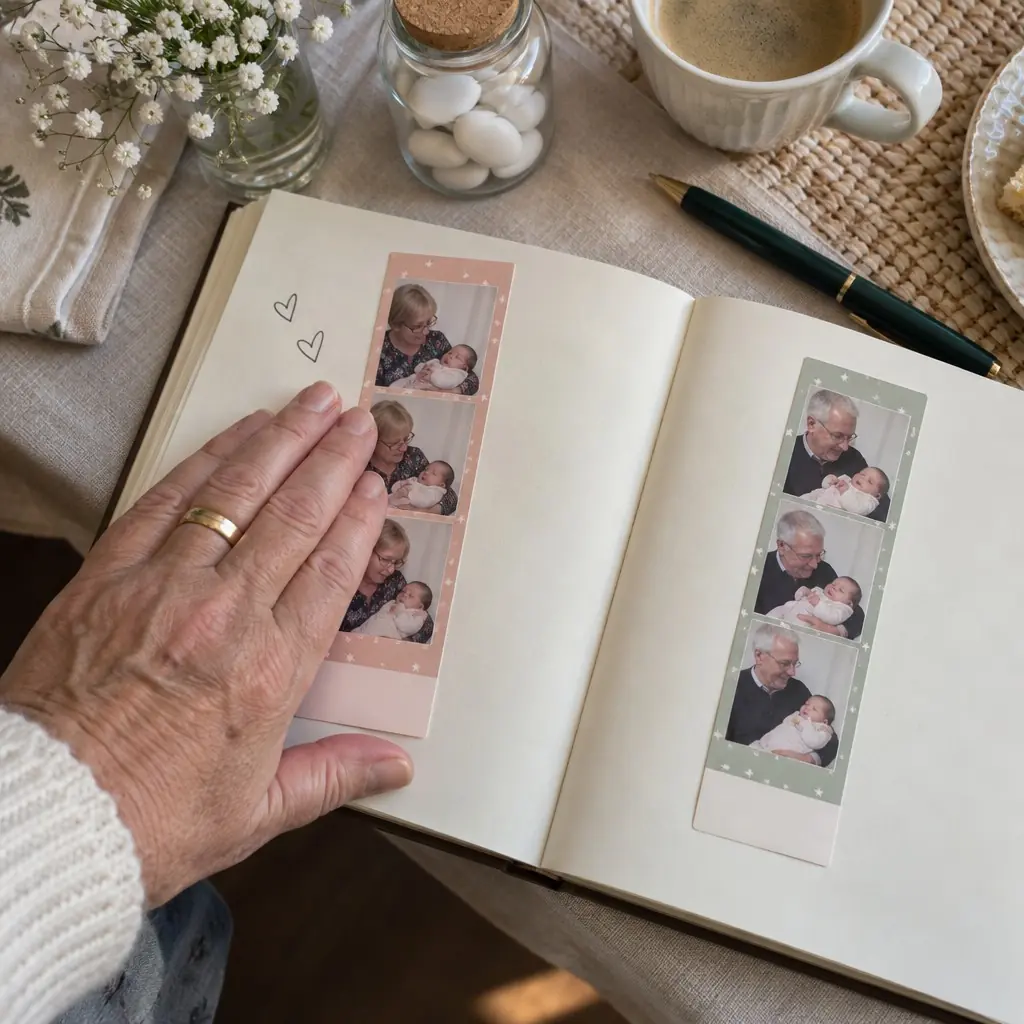 Oma kleeft een fotostrip met een roze ontwerp in het gastenboek van de babyborrel, ernaast een strip met een groen ontwerp