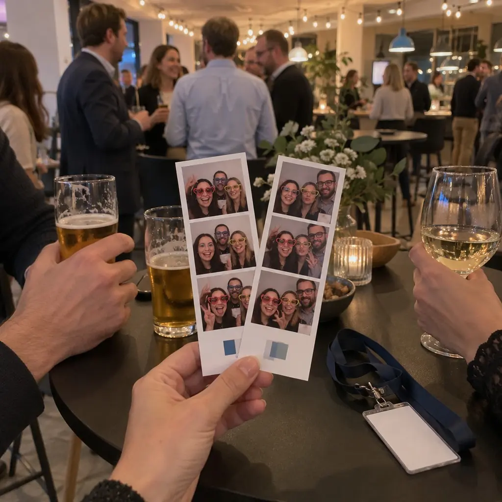 Twee verse fotostrips in de hand aan een statafel met bier, wijn en een badge, op een bedrijfsfeest