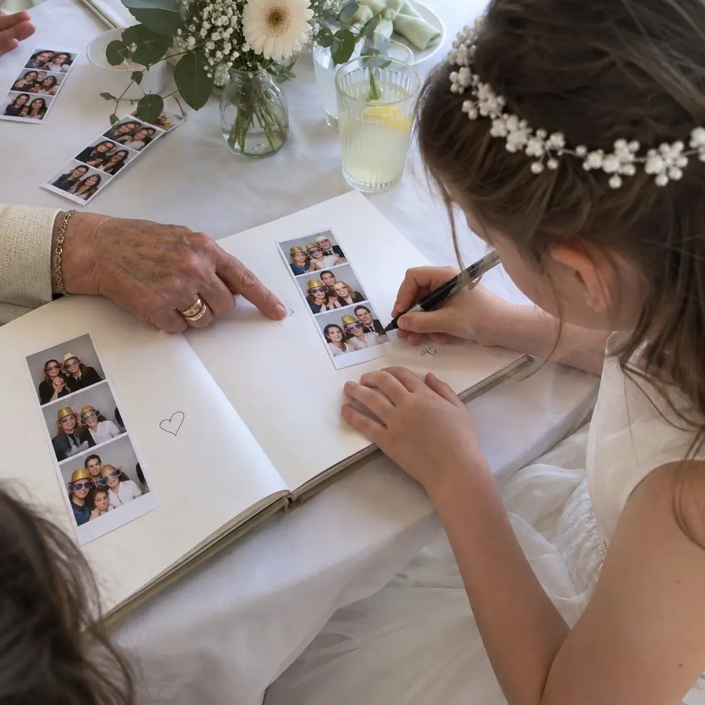 Een meisje in communiekleed schrijft een boodschap naast een fotostrip in het gastenboek, oma wijst een foto aan