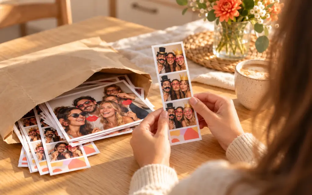 Thuis aan tafel gaat een envelop open met prints en fotostrips van het feest