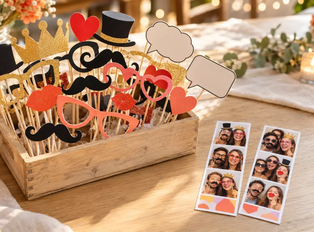 Houten kistje met photobooth props zoals brillen, snorren, hoedjes en kroontjes, naast twee fotostrips van gasten met die props