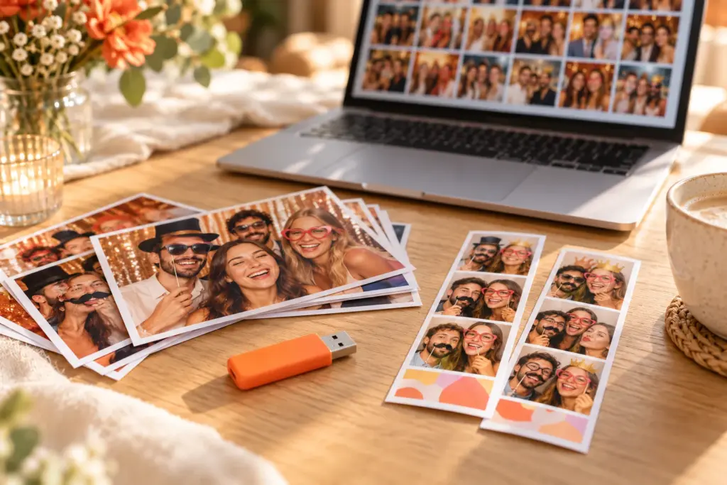 Oranje USB-stick met alle foto's, naast prints, fotostrips en een laptop met een galerij feestfoto's