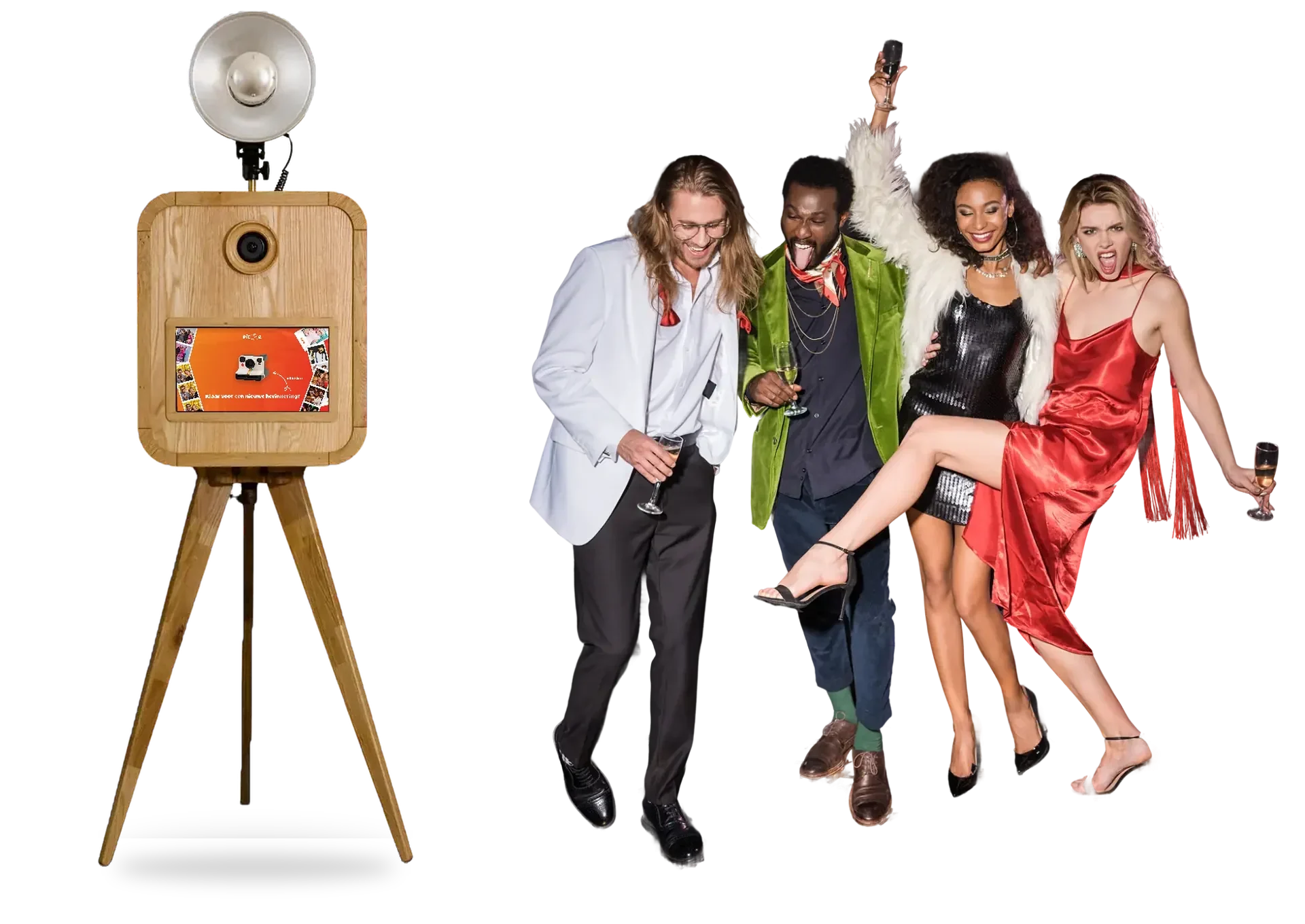 Photobooth huren - de MemoryCabin naast een groep feestende mensen