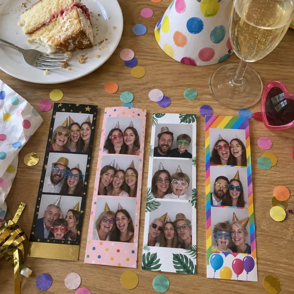 Vier fotostrips met elk een ander ontwerp op een feesttafel tussen confetti, een feesthoedje en een stuk taart